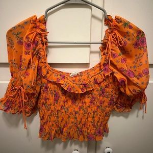 For Love and Lemons Floral Cropped Puff Sleeve Top